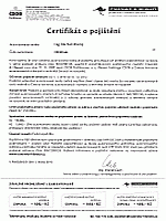 Certifikát o pojištění u ČSOB pro Ing. Michala Izbického